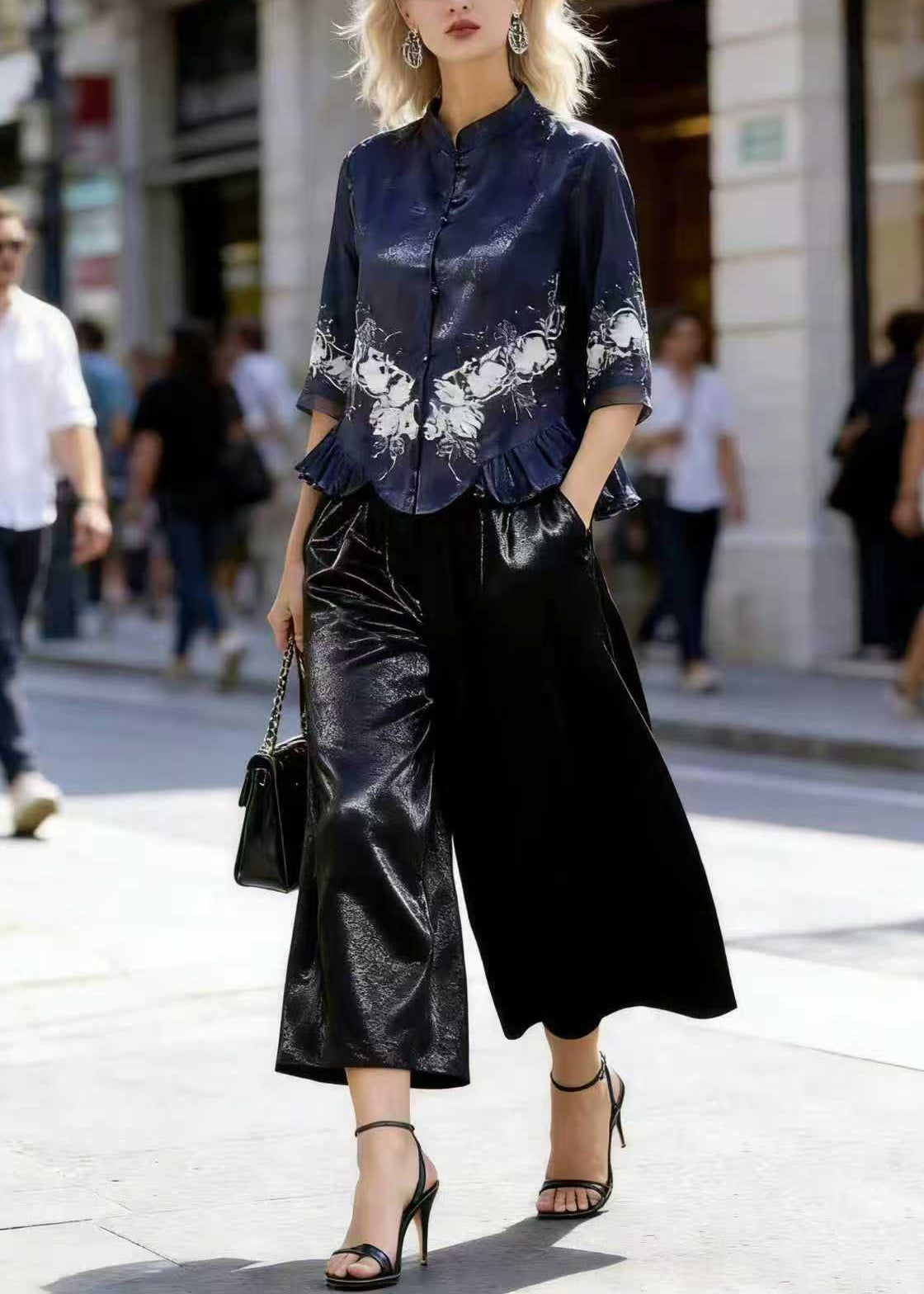Chinese Style Stand Collar Ruffled Silk Two Pieces Set Summer