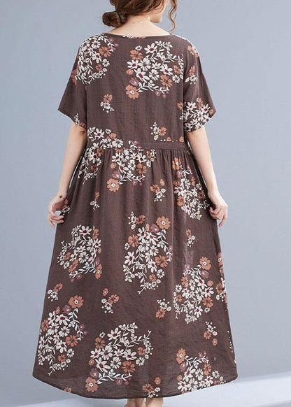 Chocolate Retro Print Summer Vacation Dresses Short Sleeve