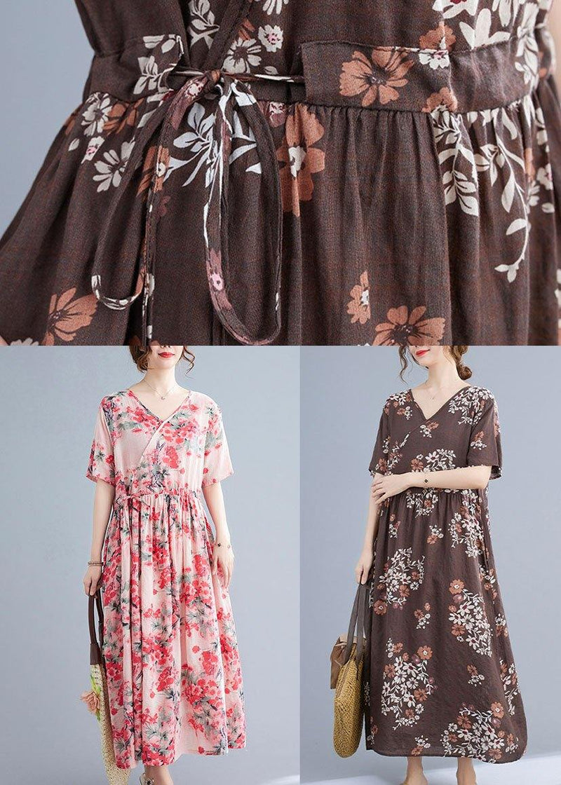 Chocolate Retro Print Summer Vacation Dresses Short Sleeve