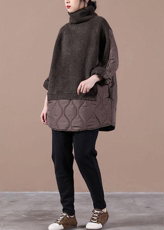 Chocolate Knitted High Neck Combed Rhombic Plaid Cotton Sweater