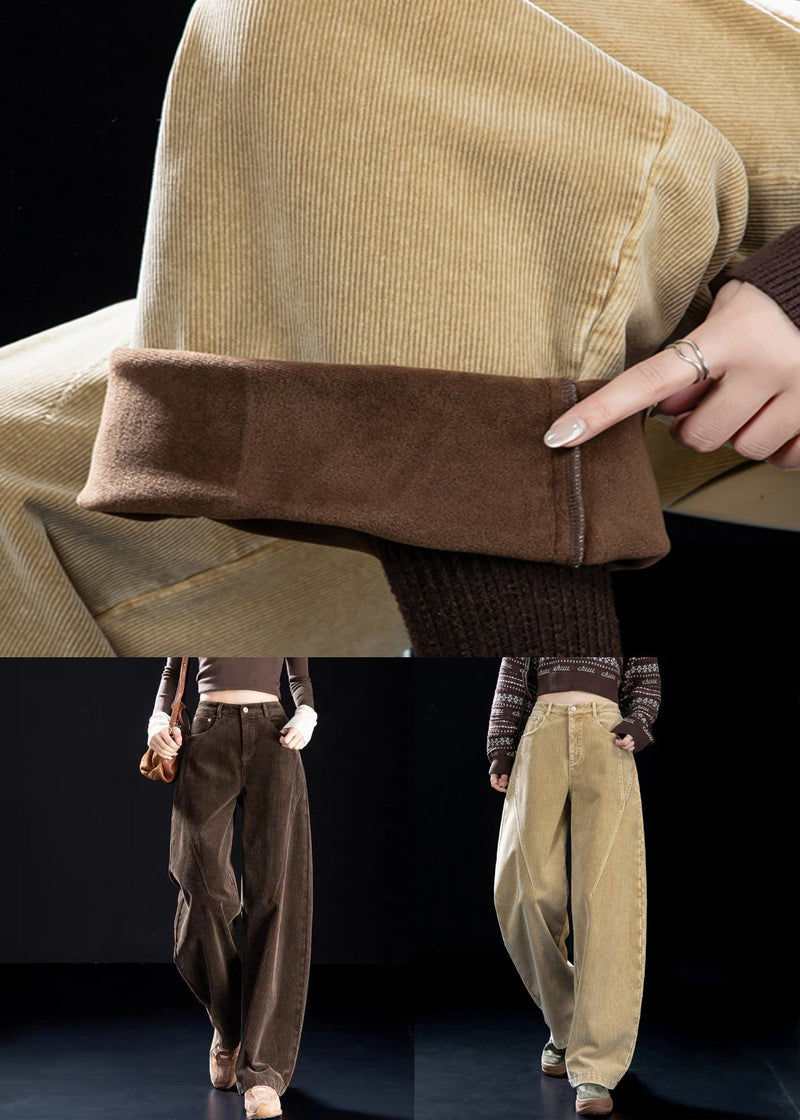 Chocolate Original Design Button Warm Fleece Corduroy Harem Pants High Waist