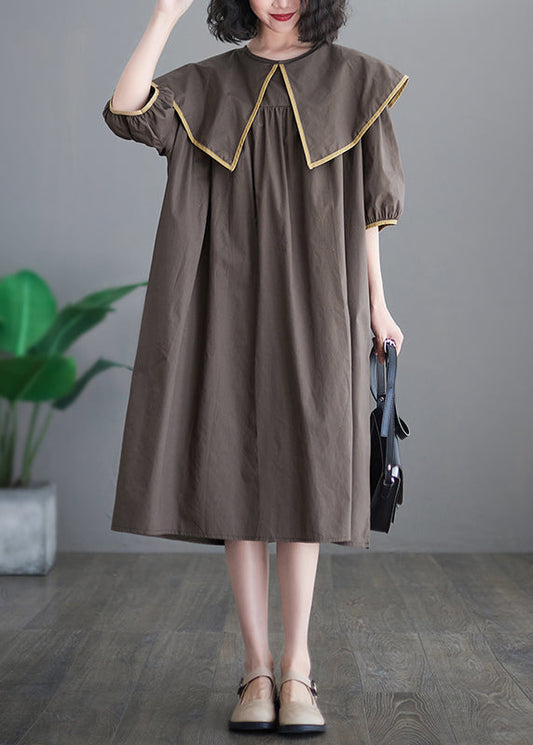 Chocolate Patchwork Cotton Long Dress Oversized O-neck Half Sleeve