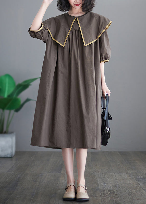 Chocolate Patchwork Cotton Long Dress Oversized O-neck Half Sleeve