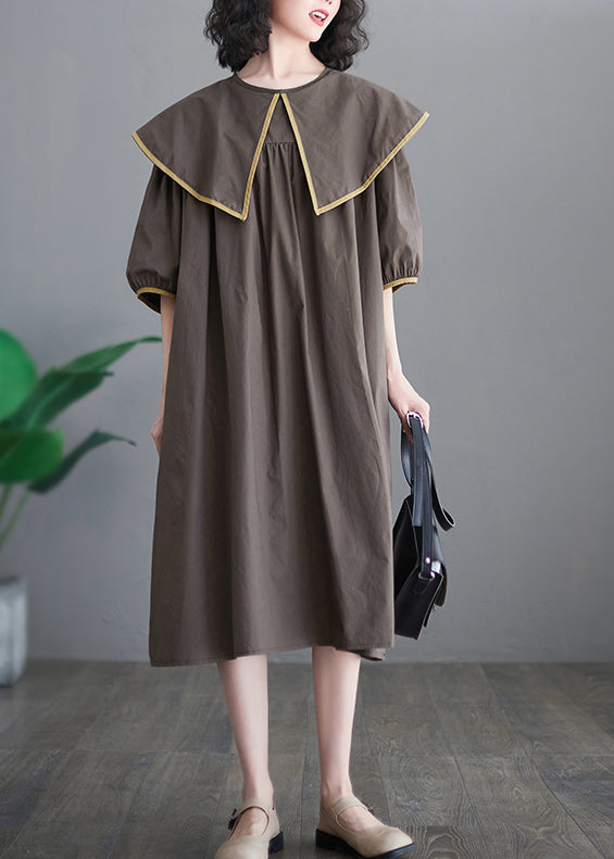 Chocolate Patchwork Cotton Long Dress Oversized O-neck Half Sleeve