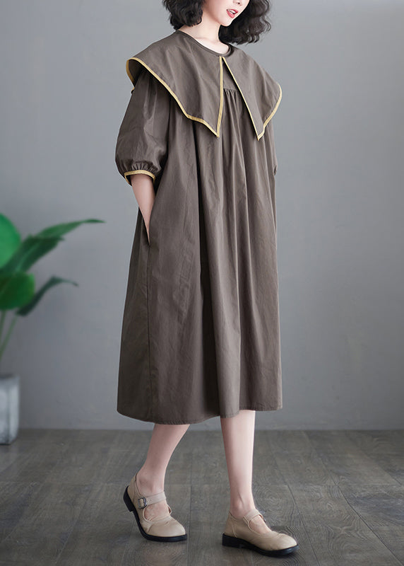 Chocolate Patchwork Cotton Long Dress Oversized O-neck Half Sleeve