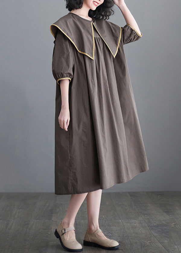 Chocolate Patchwork Cotton Long Dress Oversized O-neck Half Sleeve