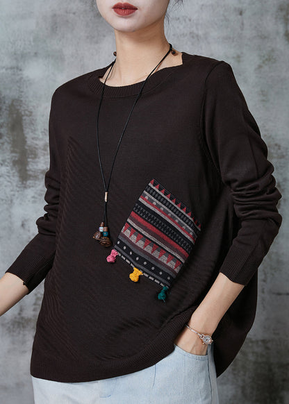 Chocolate Patchwork Knit Loose Sweaters O-neck Spring