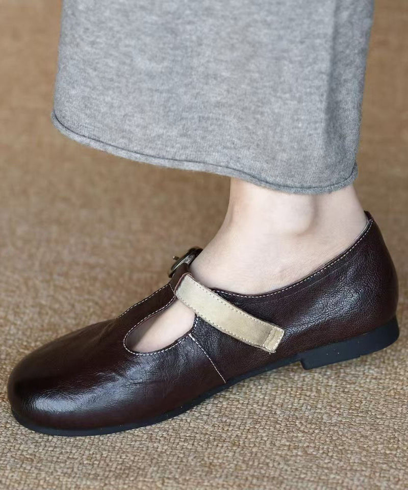 Chocolate Sheepskin Flat Shoes Splicing Buckle Strap