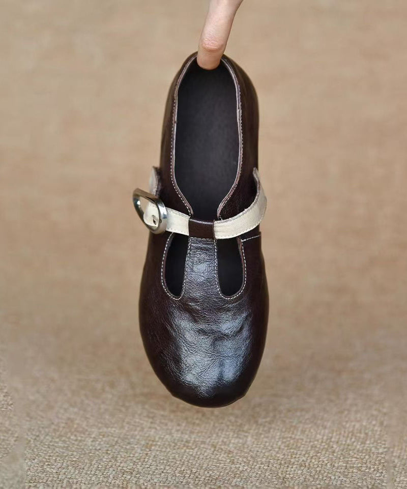Chocolate Sheepskin Flat Shoes Splicing Buckle Strap