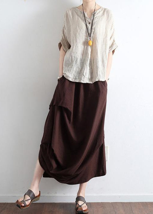 Chocolate Side Drawstring Linen Skirts Asymmetrical Oversized Cotton Skirt Outfit