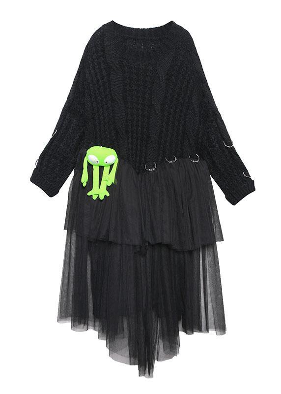 Christmas High Neck Patchwork Tulle Sweater Spring Black Baggy Knit Dresses