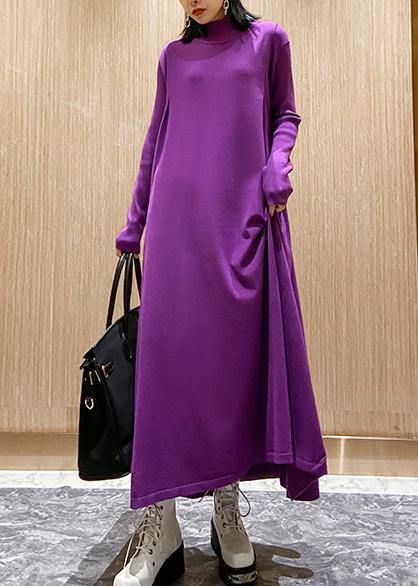 Christmas Purple Sweater Weather High Neck Large Hem Tunic Fall Knit Dress