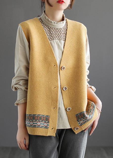 Chunky Khaki Knit Cardigans Spring V Neck Sleeveless Knitted Coat