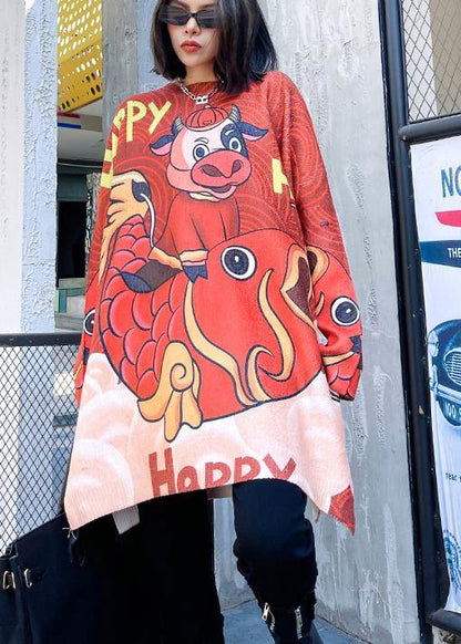 Chunky Red Cartoon Knit Blouse O Neck Knitwear