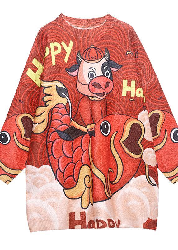 Chunky Red Cartoon Knit Blouse O Neck Knitwear