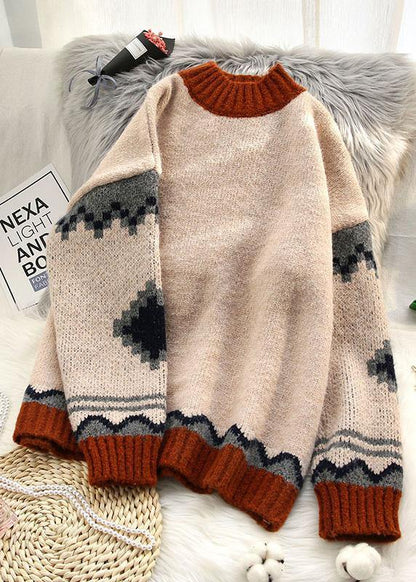 Chunky Beige Knitted Top Patchwork Clothing Spring Knit Tops