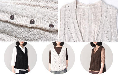 Chunky Beige Sweater Coat V Neck Knitted Coat Sleeveless