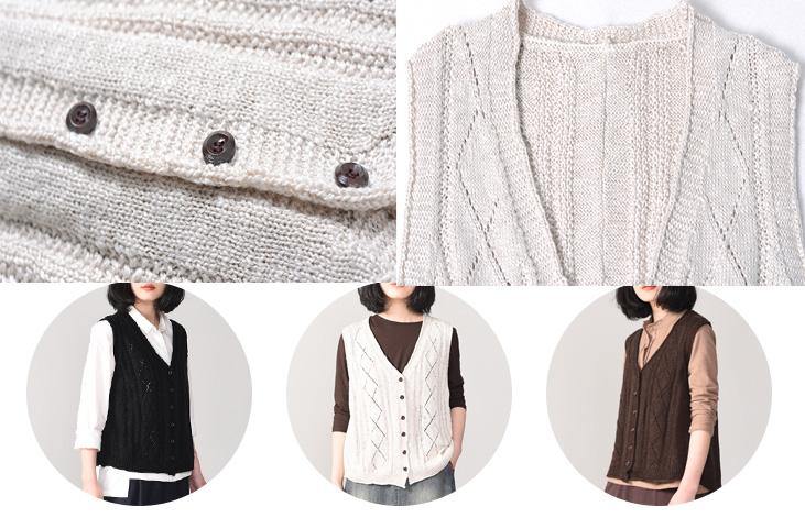 Chunky Beige Sweater Coat V Neck Knitted Coat Sleeveless