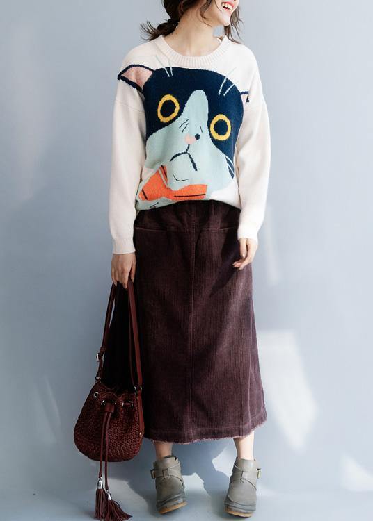 Chunky Beige Sweater Tops O Neck Clothing Animal Print Knitwear