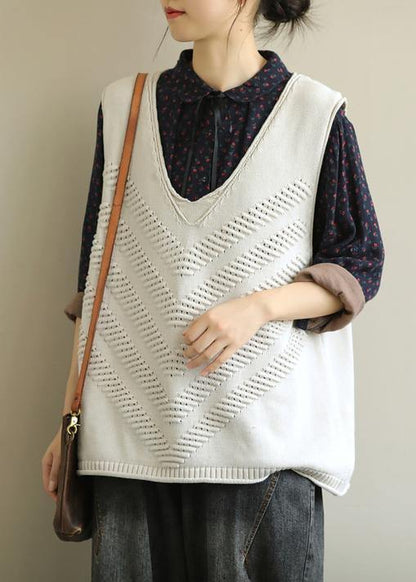 Chunky Beige Fall V Neck Sleeveless Knitwear