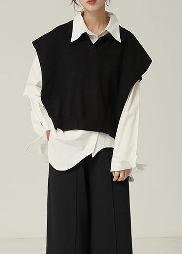 Chunky Black Knitwear Clothing Lapel Sleeveless Tops