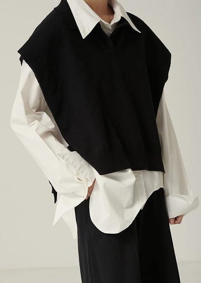 Chunky Black Knitwear Clothing Lapel Sleeveless Tops