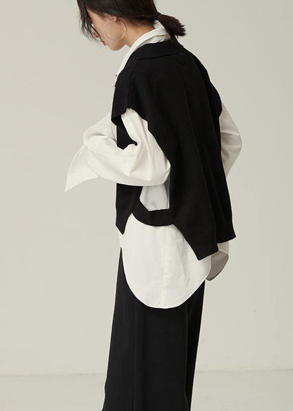 Chunky Black Knitwear Clothing Lapel Sleeveless Tops