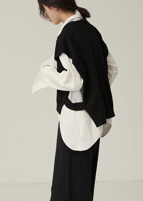 Chunky Black Knitwear Clothing Lapel Sleeveless Tops