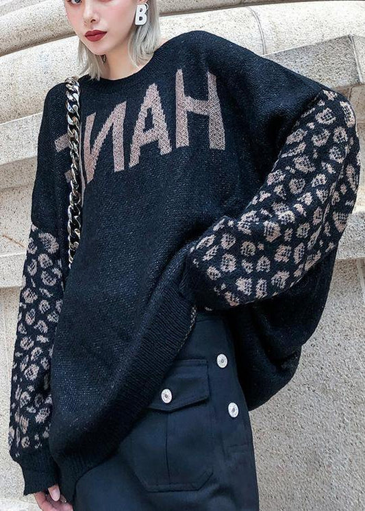 Chunky Black Print Knit Tops Clothing O Neck Patchwork Knit Tops