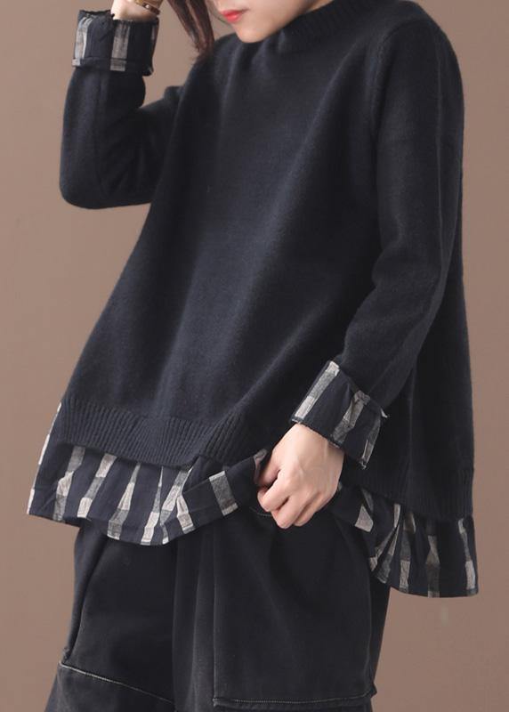 Chunky Black Sweater Tops False Two Pieces Oversized O Neck Knitted Blouse