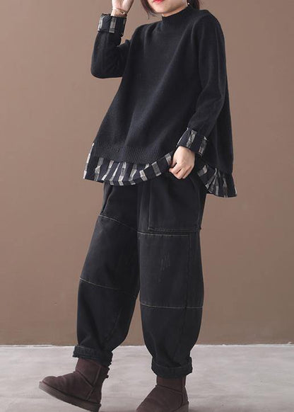 Chunky Black Sweater Tops False Two Pieces Oversized O Neck Knitted Blouse