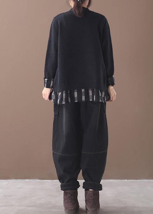 Chunky Black Sweater Tops False Two Pieces Oversized O Neck Knitted Blouse