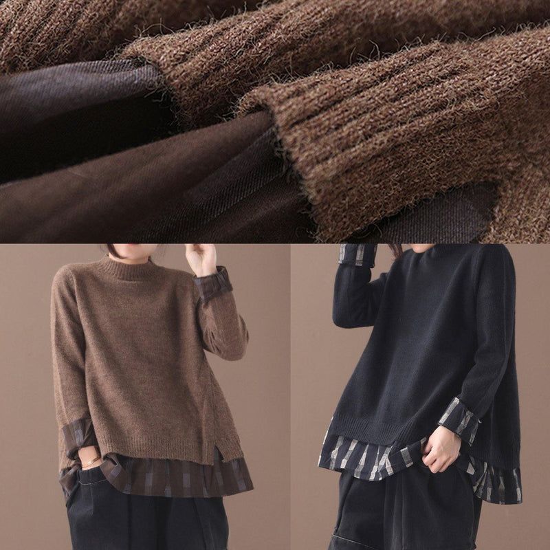 Chunky Black Sweater Tops False Two Pieces Oversized O Neck Knitted Blouse