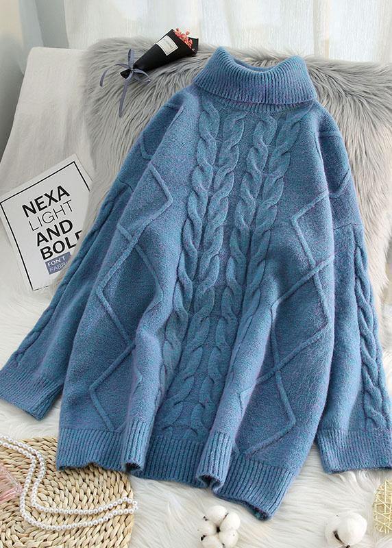 Chunky Blue Knit Tops Cable High Neck Knitwear