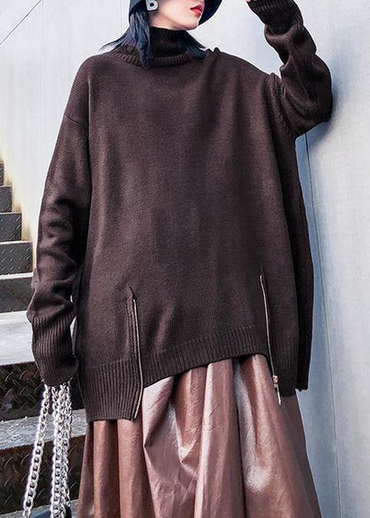Chunky Chocolate Crane Tops High Neck Batwing Sleeve Knitwear