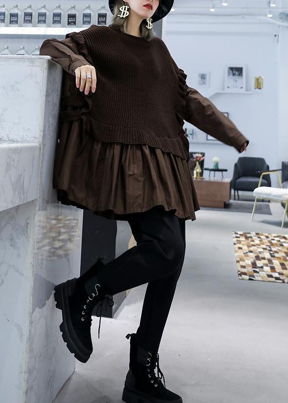 Chunky Chocolate Knit Sweat Tops Fall O Neck False Two Pieces Tops