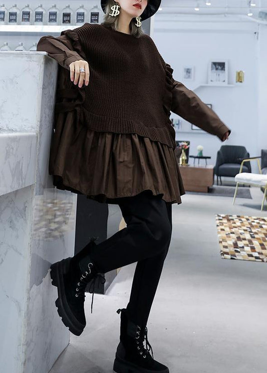 Chunky Chocolate Knit Sweat Tops Fall O Neck False Two Pieces Tops