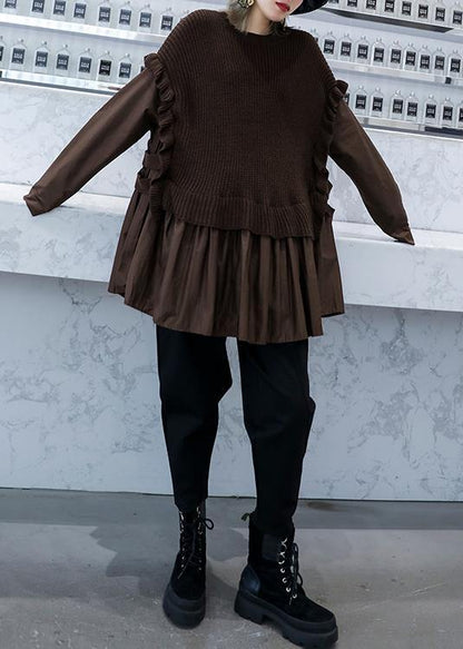 Chunky Chocolate Knit Sweat Tops Fall O Neck False Two Pieces Tops