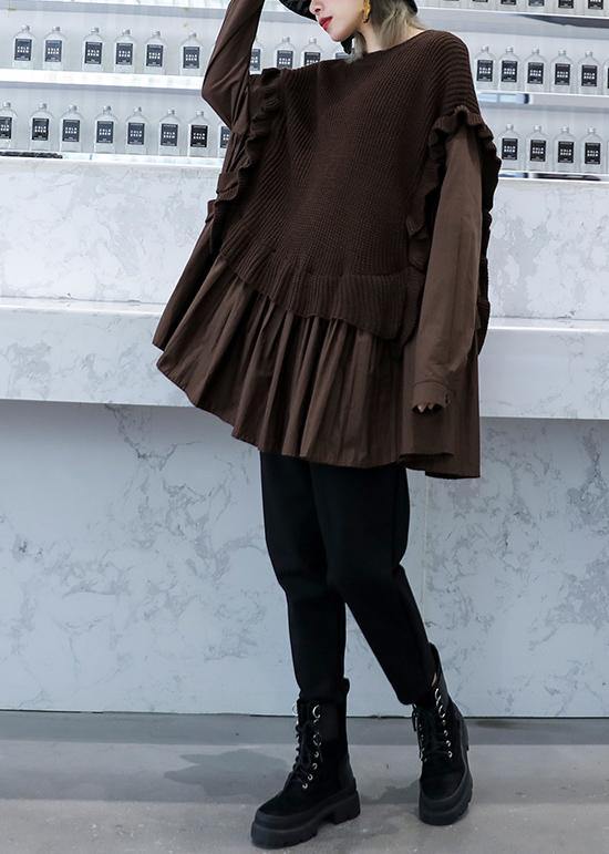 Chunky Chocolate Knit Sweat Tops Fall O Neck False Two Pieces Tops