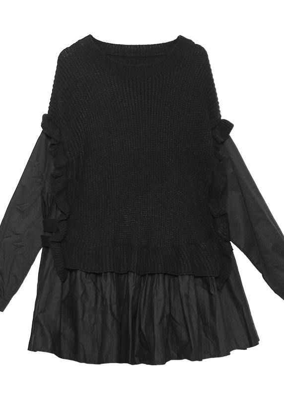 Chunky Chocolate Knit Sweat Tops Fall O Neck False Two Pieces Tops