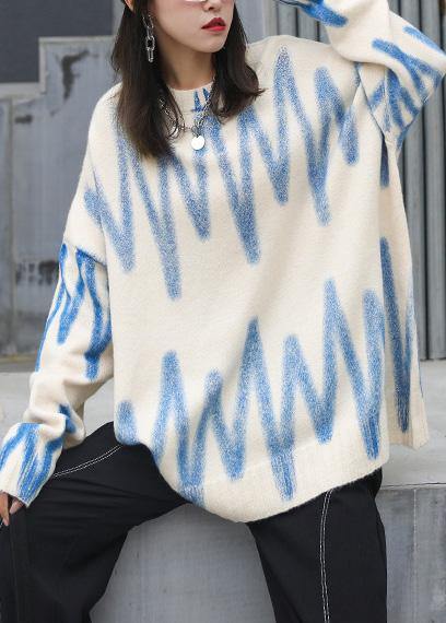 Chunky Fall Beige Striped Knitted Blouse Loose Fitting O Necksweater Blouse