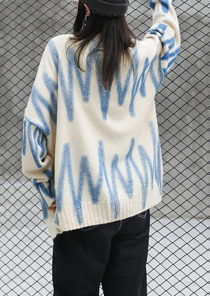 Chunky Fall Beige Striped Knitted Blouse Loose Fitting O Necksweater Blouse