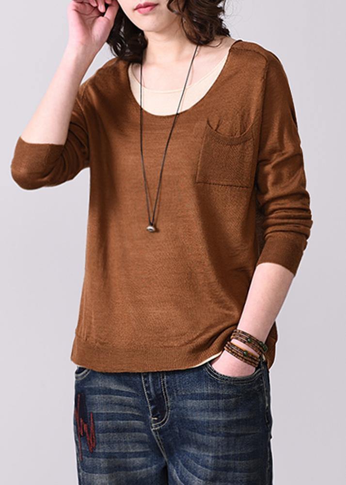 Chunky False Two Pieces Knitted Blouse Fall O Neck Sweater Brown