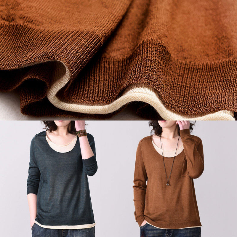 Chunky False Two Pieces Knitted Blouse Fall O Neck Sweater Brown