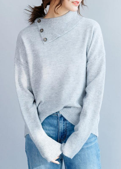 Chunky Gray Blouse Lapel Collar Fall Winter Knitted Blouse