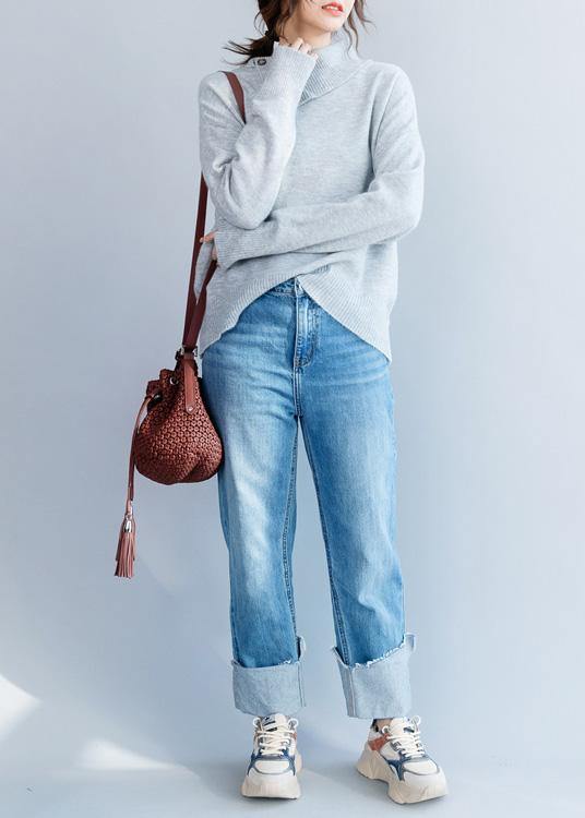 Chunky Gray Blouse Lapel Collar Fall Winter Knitted Blouse