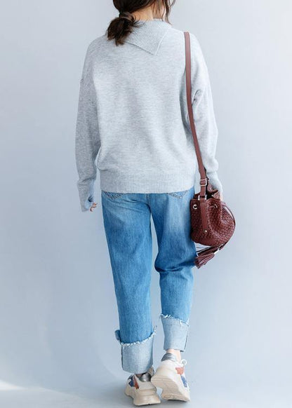 Chunky Gray Blouse Lapel Collar Fall Winter Knitted Blouse