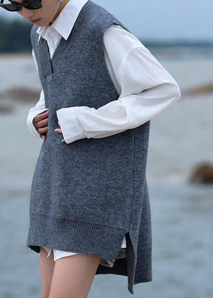 Chunky Gray Knit Blouse V Neck Low High Design Fall Knit Tops