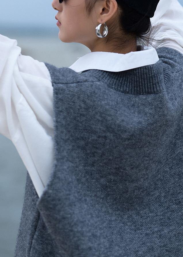 Chunky Gray Knit Blouse V Neck Low High Design Fall Knit Tops