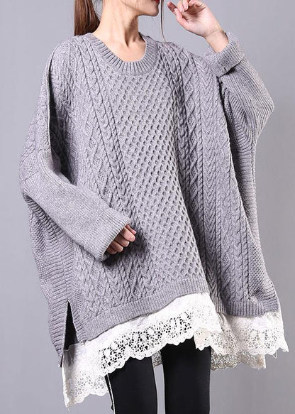 Chunky Gray Sweaters Clothing O Neck Batwing Sleeve Knit Tops